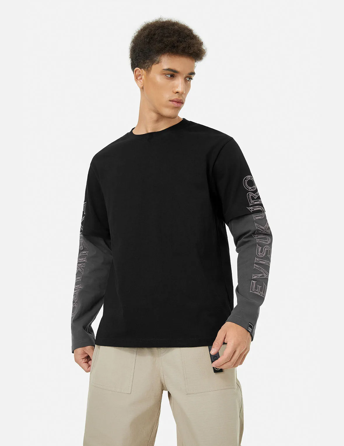 2-in-1 3D Logo Embroidery Loose Fit Long Sleeve T-shirt