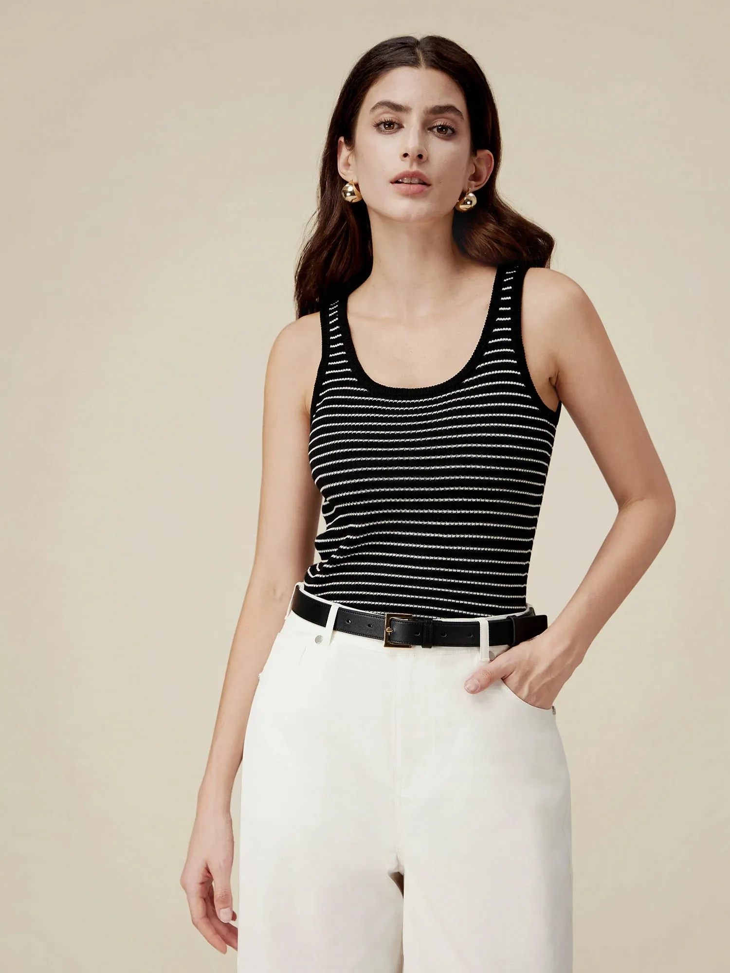 Amoretu Lyocell  & Linen Striped Slim Fit Tank Top