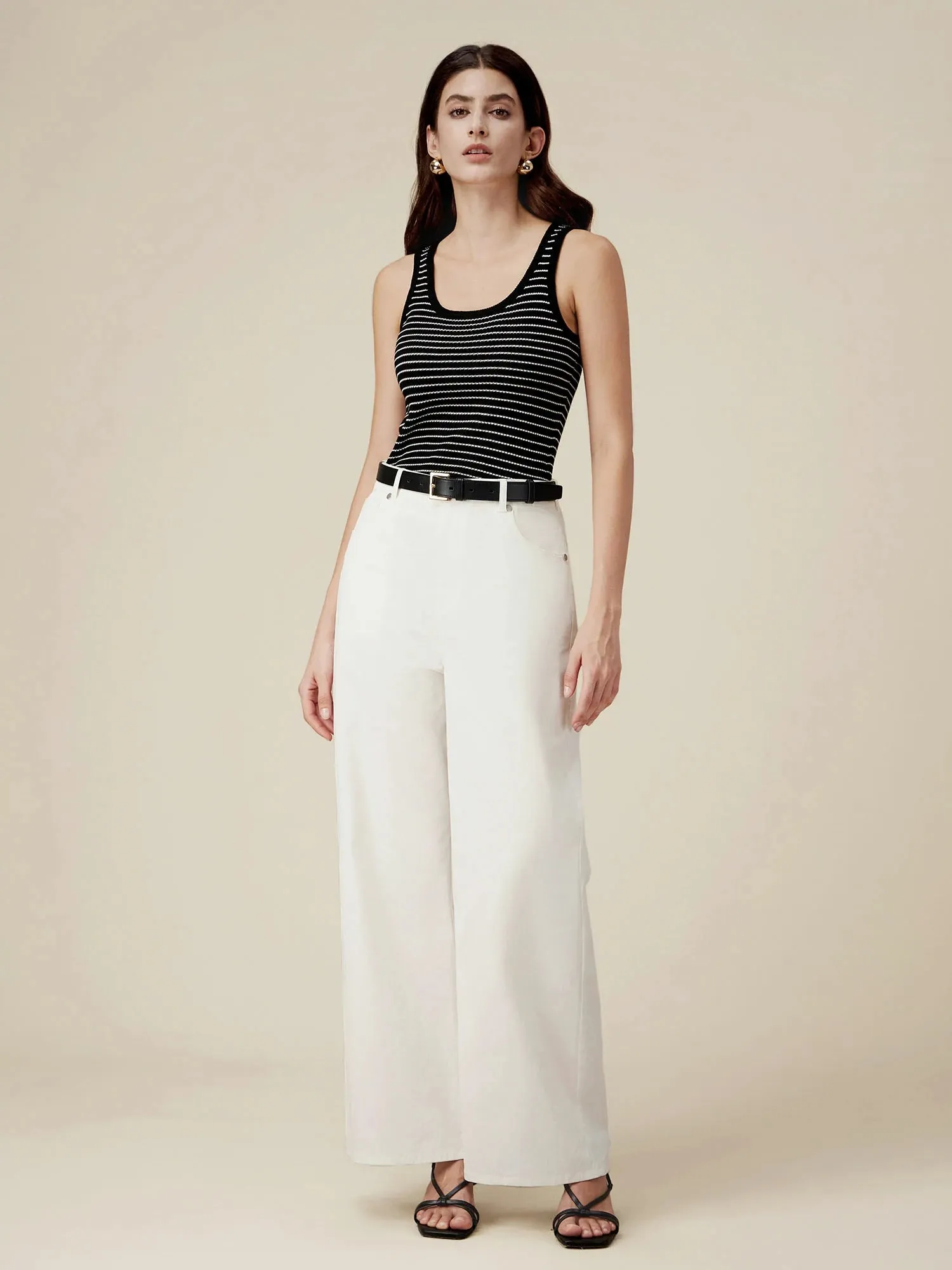 Amoretu Lyocell  & Linen Striped Slim Fit Tank Top