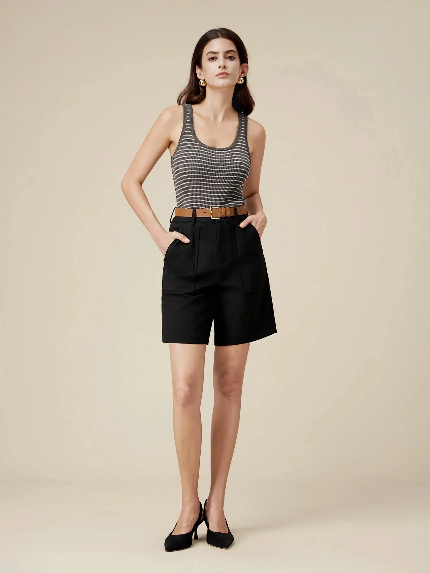 Amoretu Lyocell  & Linen Striped Slim Fit Tank Top