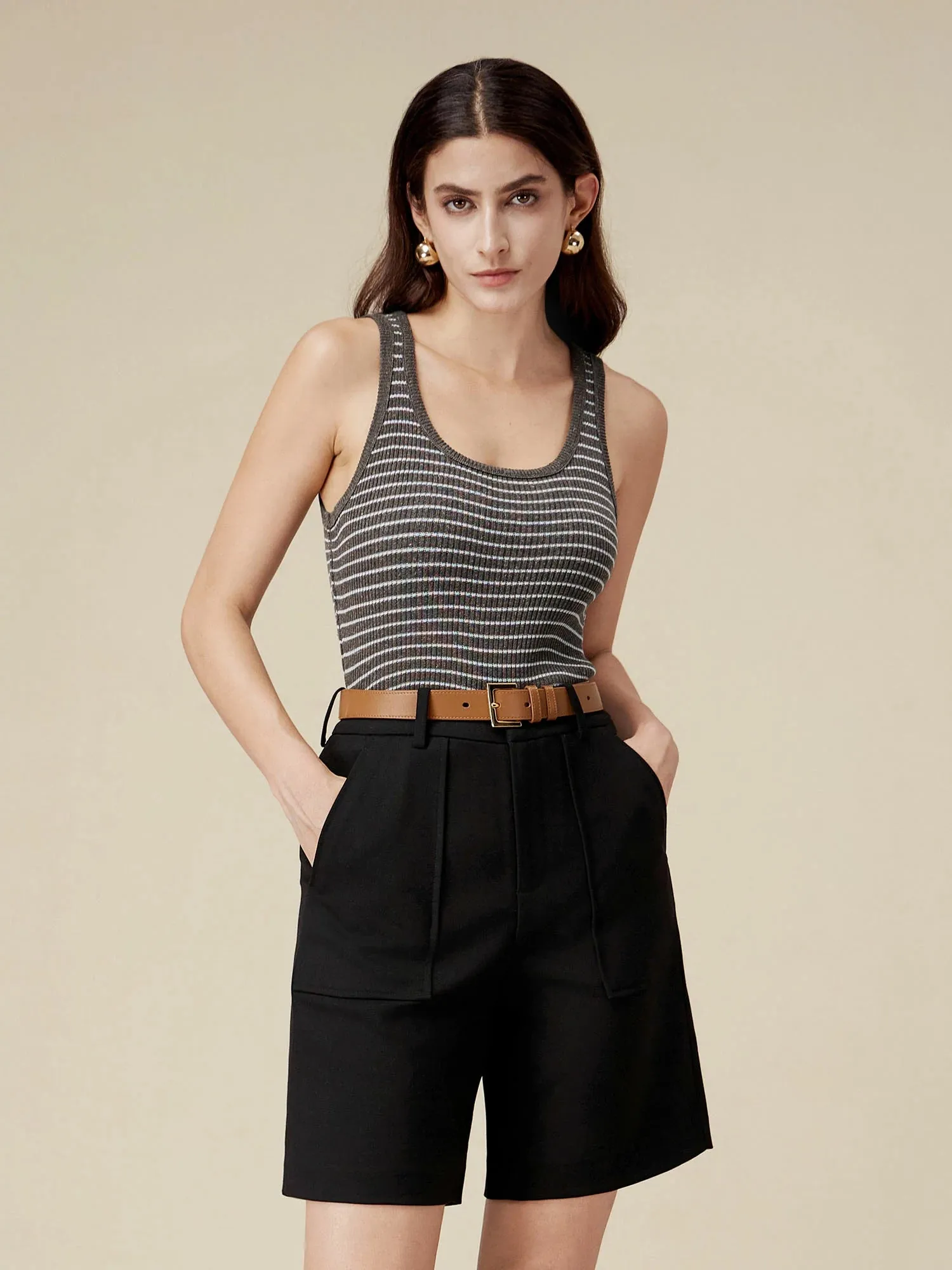 Amoretu Lyocell  & Linen Striped Slim Fit Tank Top