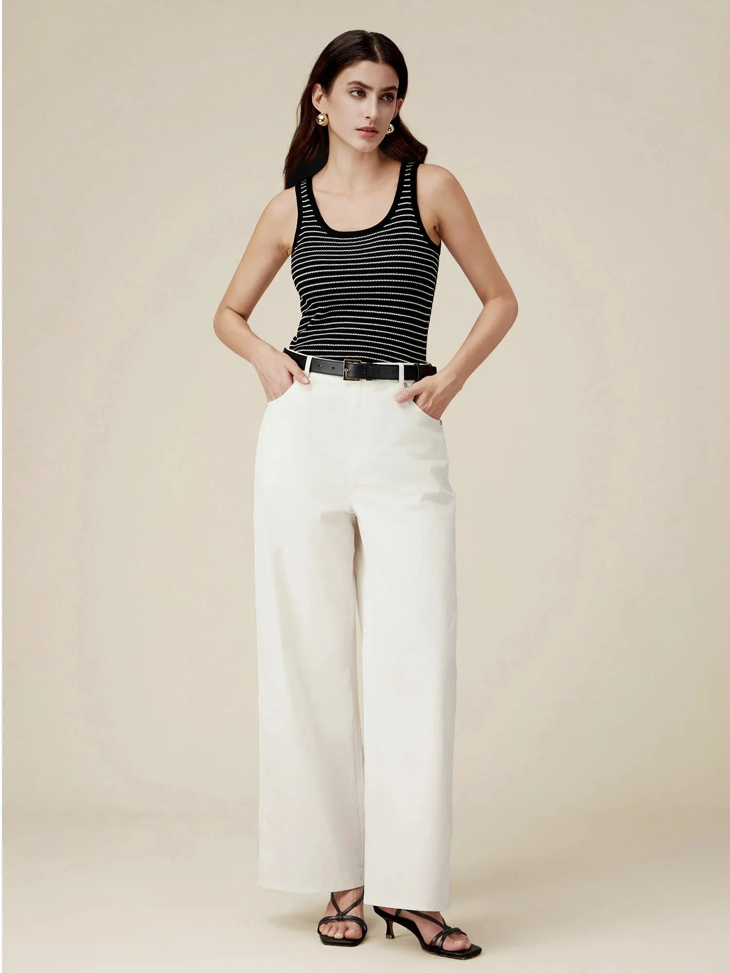 Amoretu Lyocell  & Linen Striped Slim Fit Tank Top