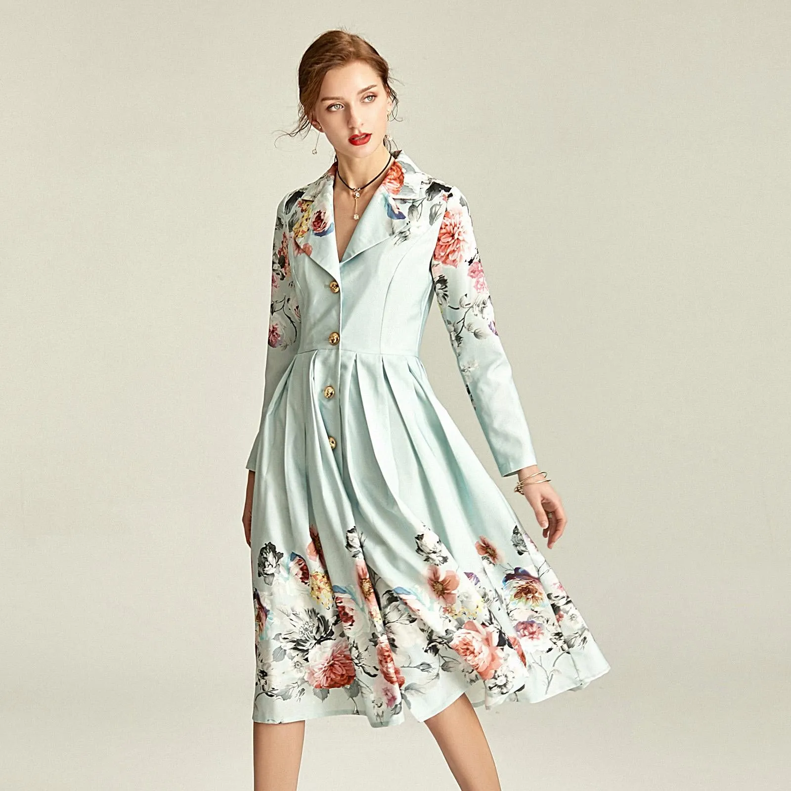 Audrey Hepburn inspired retro light blue pastel blue floral printed long sleeve 1950's inspired midi full swing dress - Roman