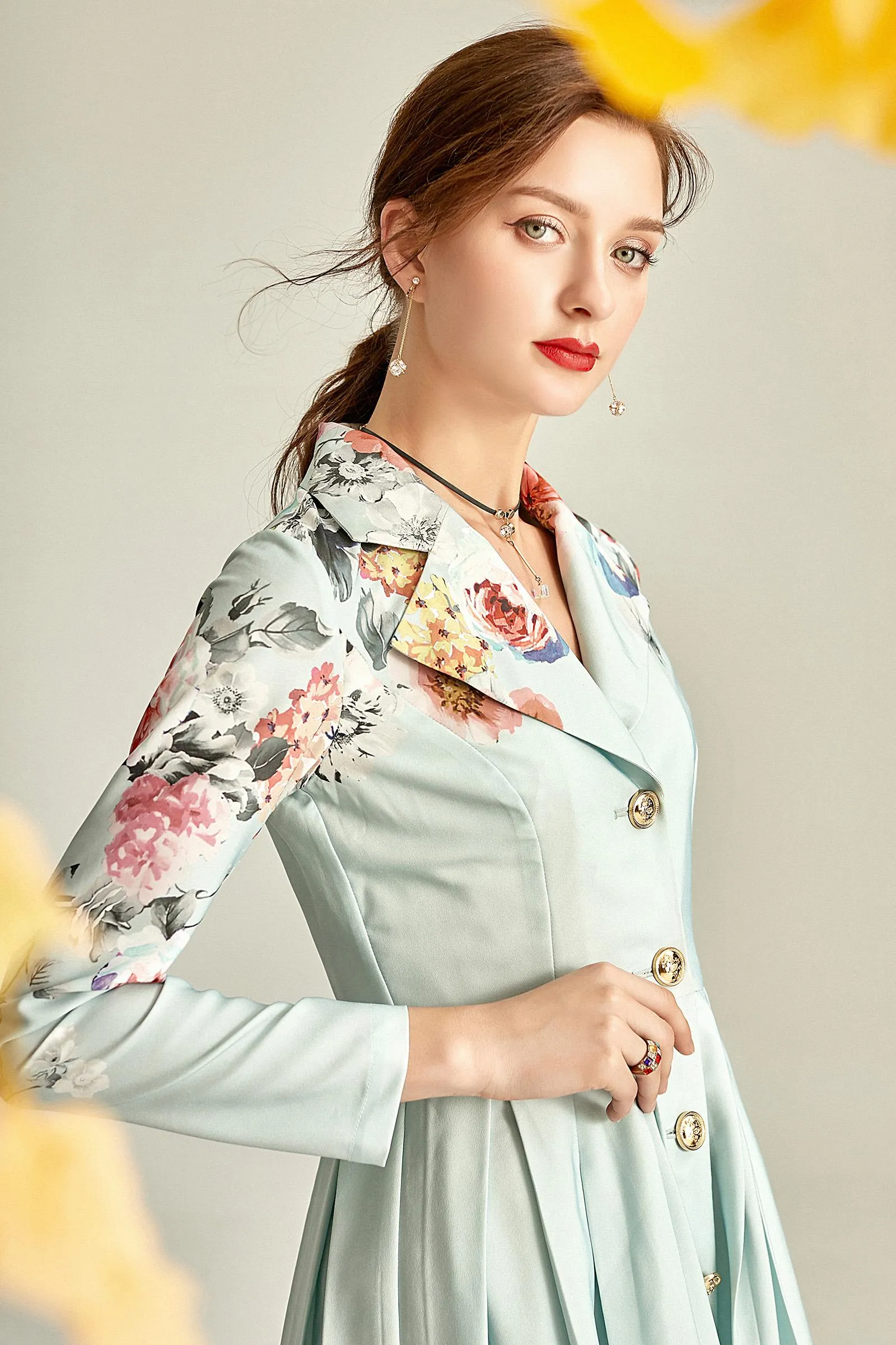 Audrey Hepburn inspired retro light blue pastel blue floral printed long sleeve 1950's inspired midi full swing dress - Roman