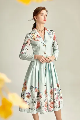 Audrey Hepburn inspired retro light blue pastel blue floral printed long sleeve 1950's inspired midi full swing dress - Roman