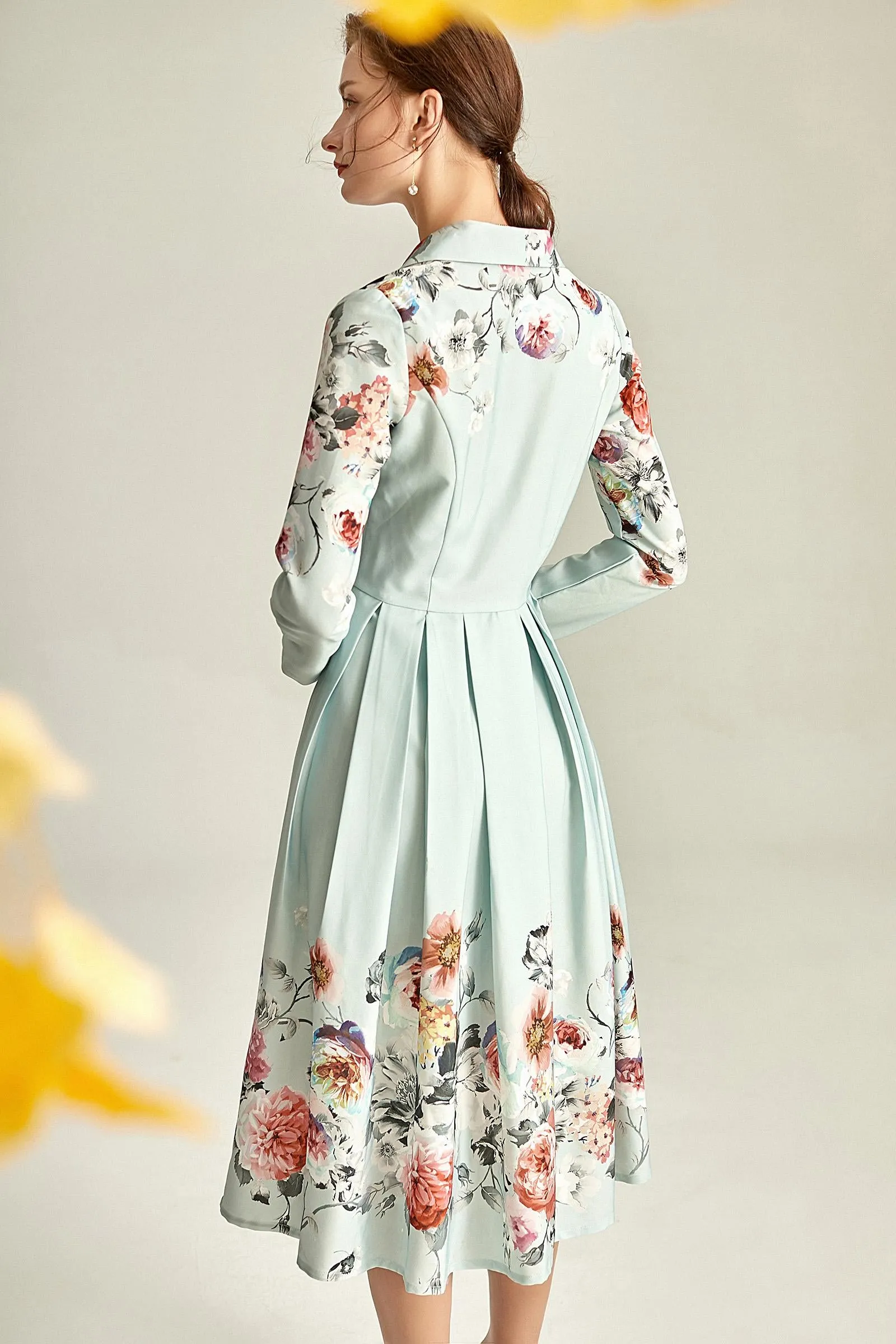 Audrey Hepburn inspired retro light blue pastel blue floral printed long sleeve 1950's inspired midi full swing dress - Roman