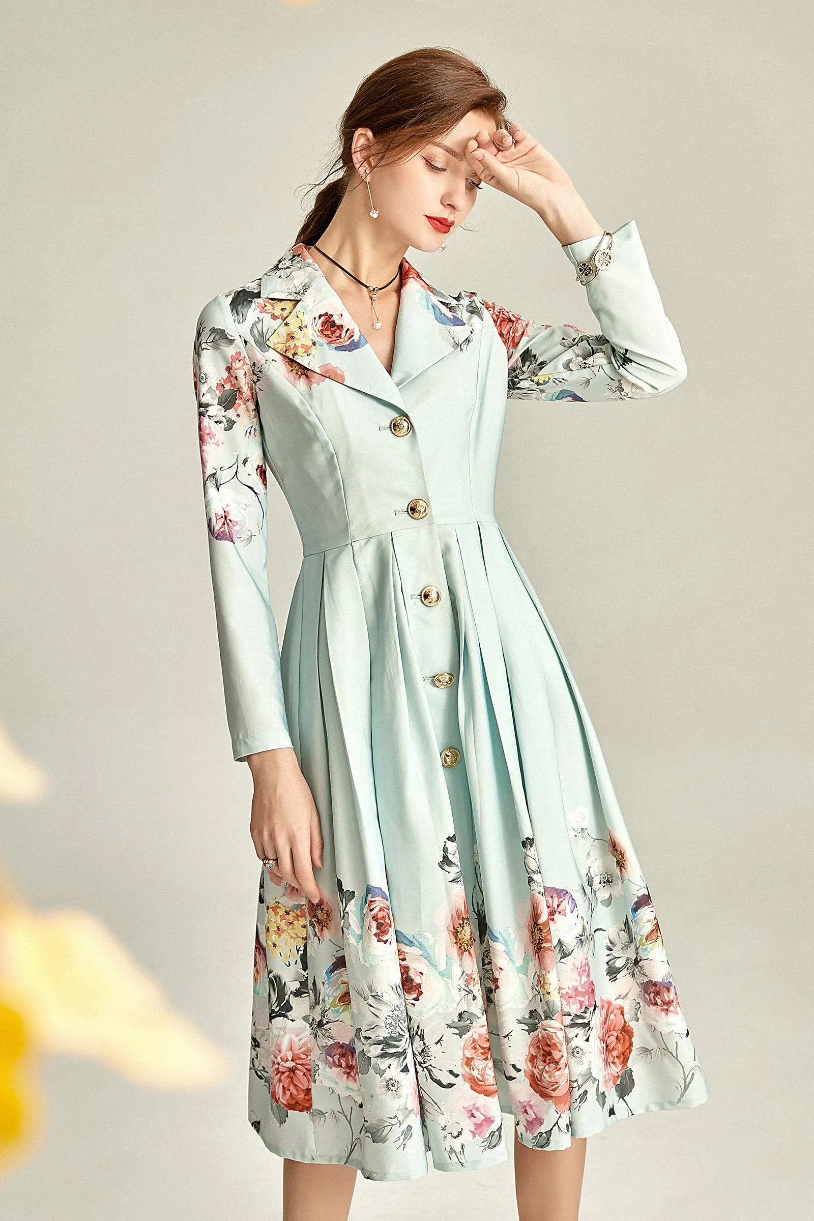 Audrey Hepburn inspired retro light blue pastel blue floral printed long sleeve 1950's inspired midi full swing dress - Roman