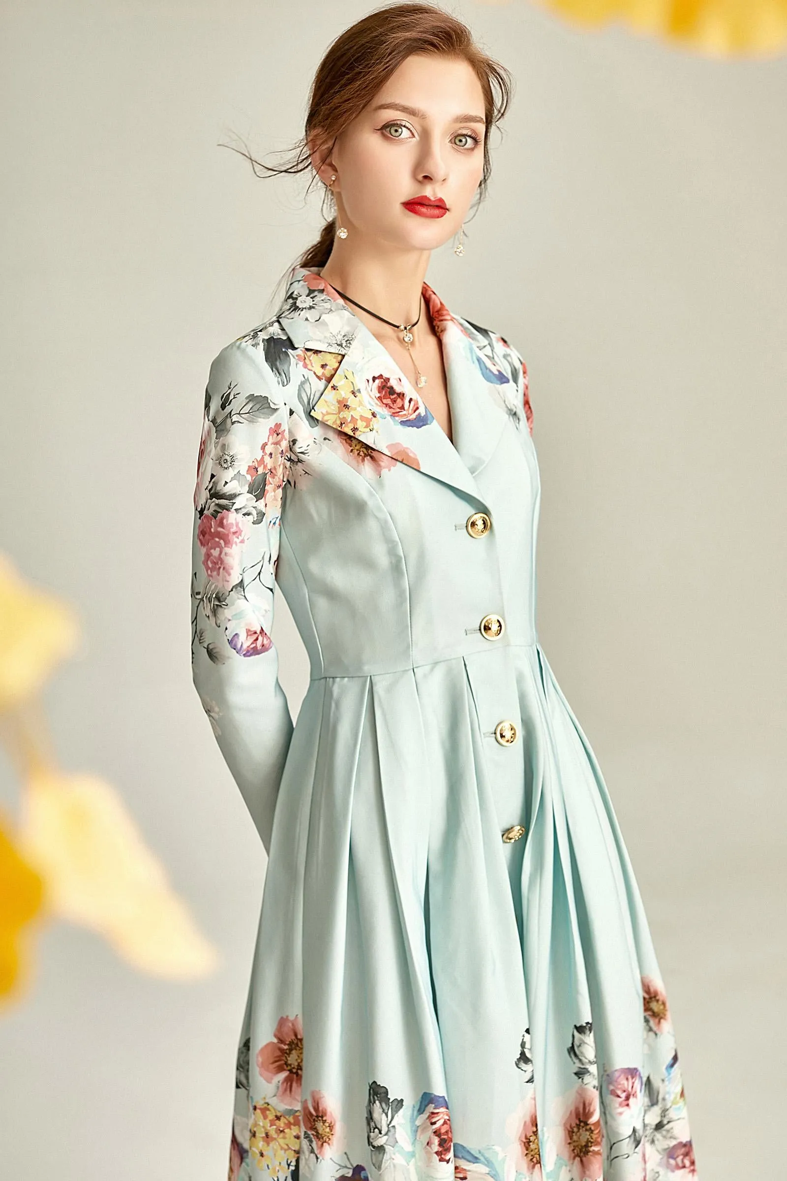 Audrey Hepburn inspired retro light blue pastel blue floral printed long sleeve 1950's inspired midi full swing dress - Roman