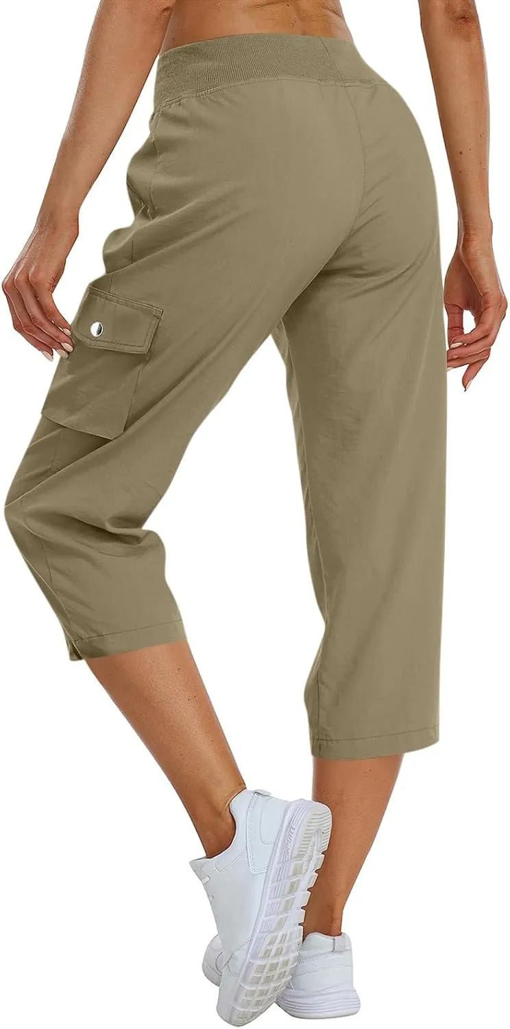 Capris for Seniors Lightweight Drawstring Waist Capri Cargo Pants Outdoor Hiking Wide Leg Cropped Pants with Pockets