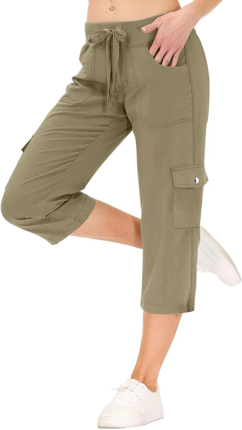 Capris for Seniors Lightweight Drawstring Waist Capri Cargo Pants Outdoor Hiking Wide Leg Cropped Pants with Pockets