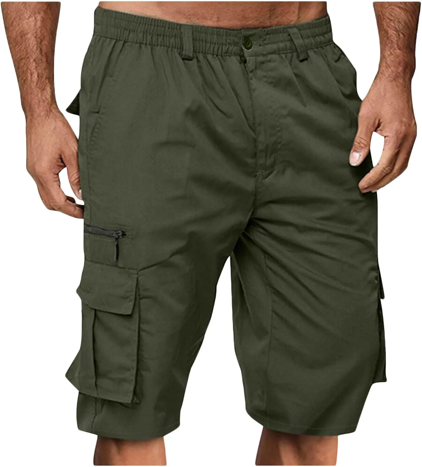 Cargo Shorts for Men Casual Summer Hiking Pants Elastic Waist Big and Tall Knee Length Multi-Pockets Bermuda Shorts
