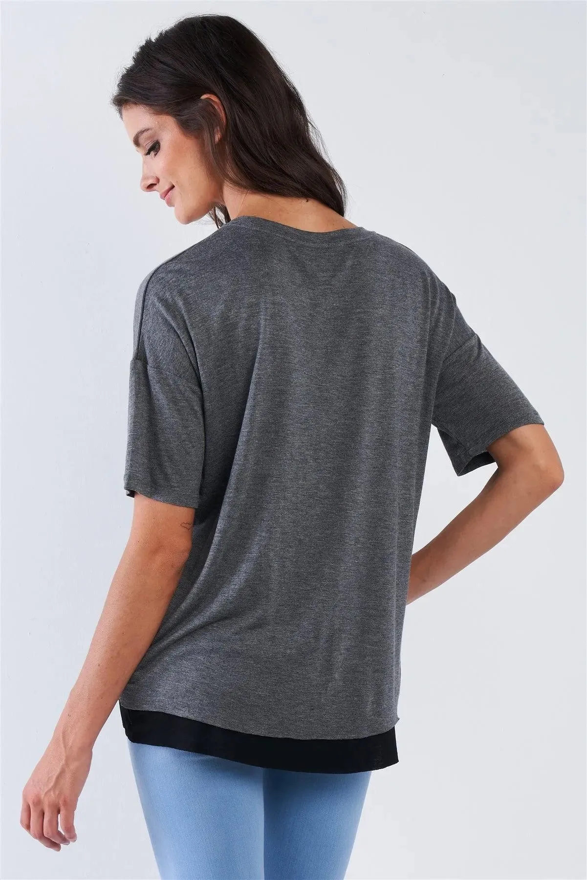 Charcoal Layered Soft Loose Fit Short Sleeve Top With One Sided Cinched Seam /3-2-1