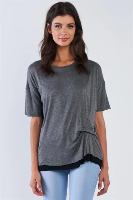 Charcoal Layered Soft Loose Fit Short Sleeve Top With One Sided Cinched Seam /3-2-1