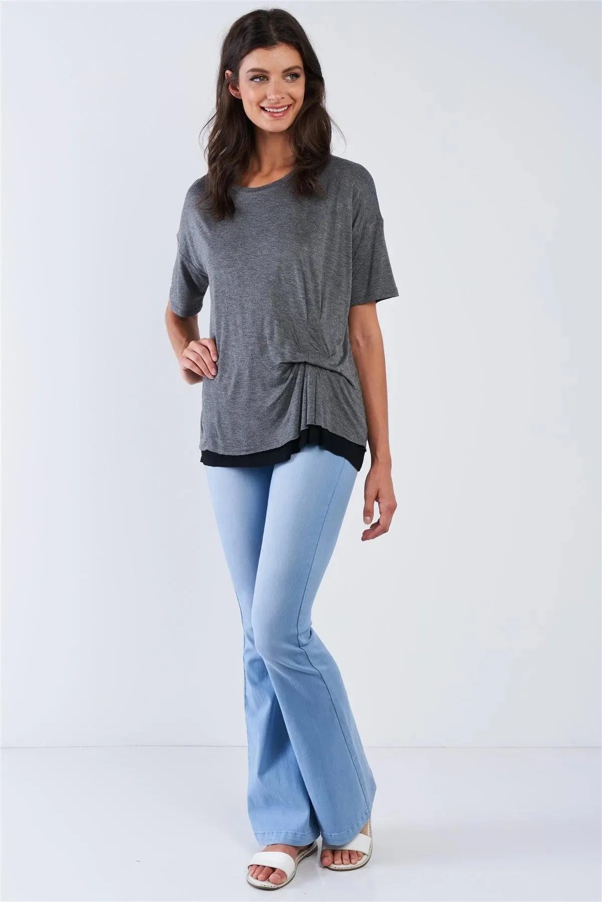 Charcoal Layered Soft Loose Fit Short Sleeve Top With One Sided Cinched Seam /3-2-1