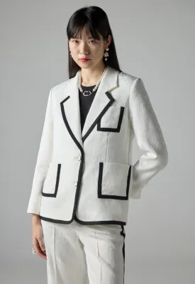 Choice Floral Textured Double Breasted Contrast Jacket Off White