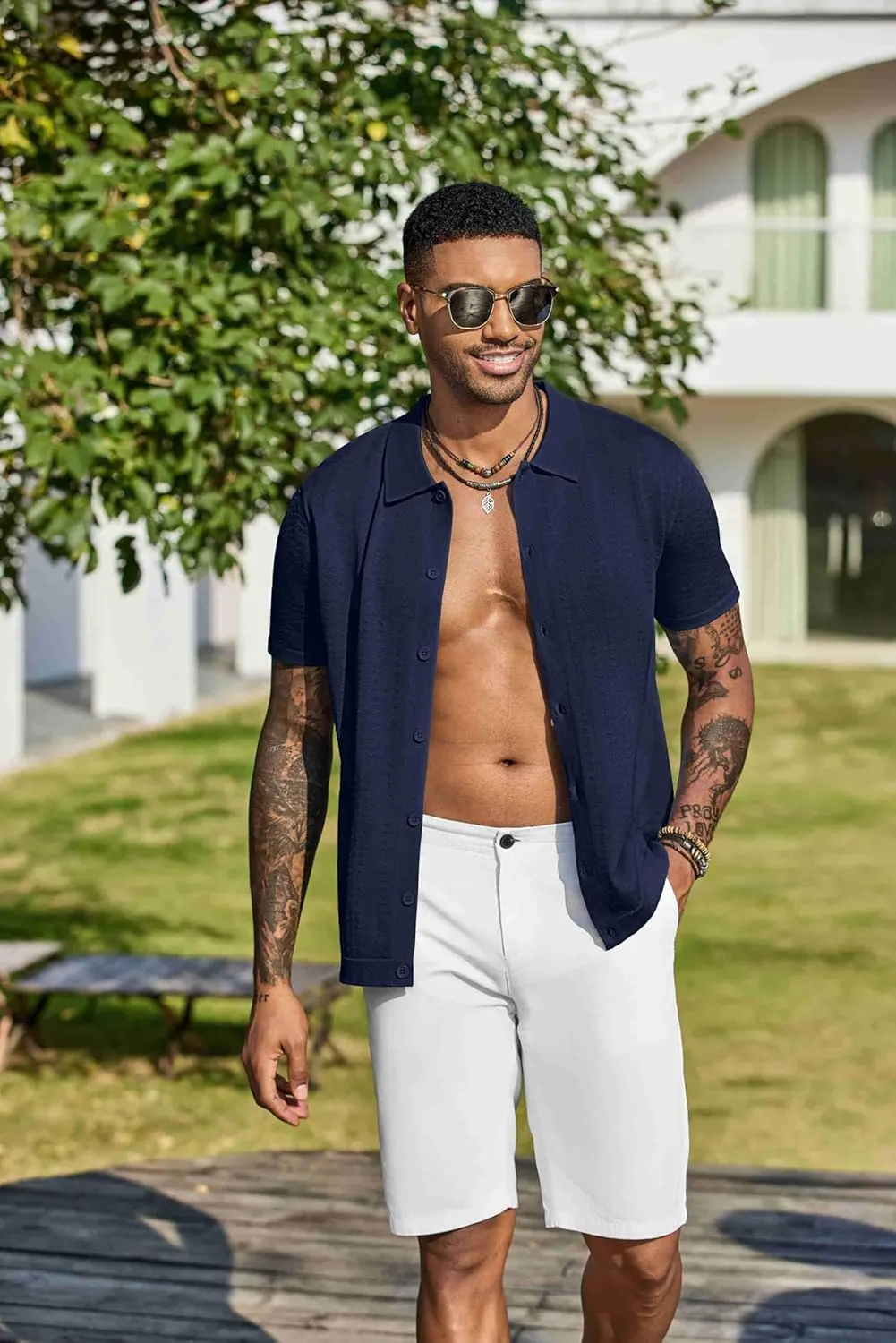 COOFANDY Men's Knit Shirts Short Sleeve Button Down Shirt Casual Summer Beach Shirt