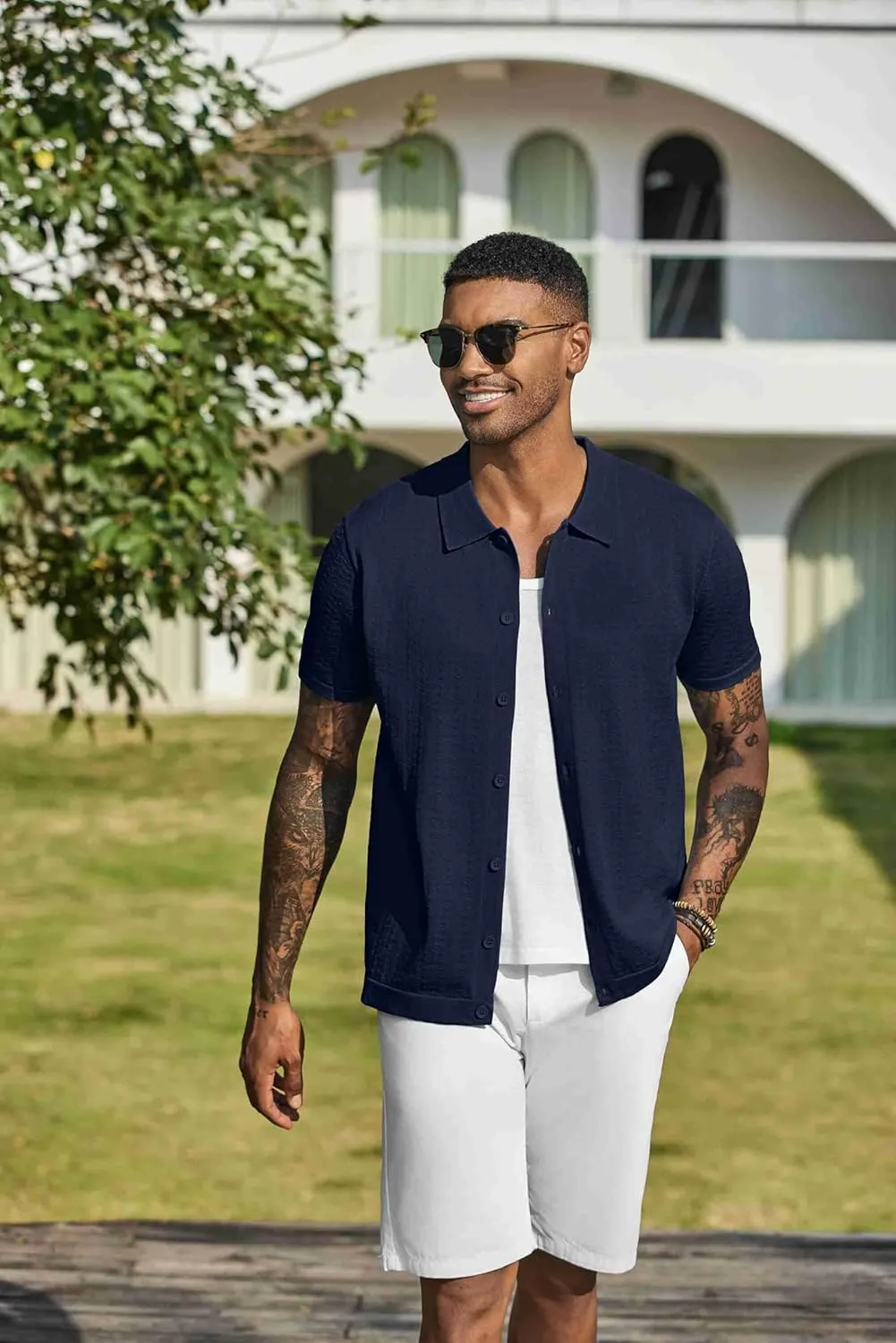 COOFANDY Men's Knit Shirts Short Sleeve Button Down Shirt Casual Summer Beach Shirt