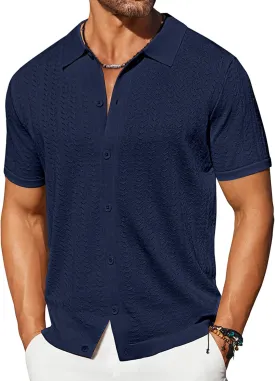 COOFANDY Men's Knit Shirts Short Sleeve Button Down Shirt Casual Summer Beach Shirt