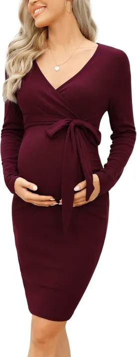 Coolmee Maternity Sweater Long Sleeve Bodycon Wrap Dress V Neck Nursing Fall Casual Mini Dress Baby Shower Photoshoot Belt
