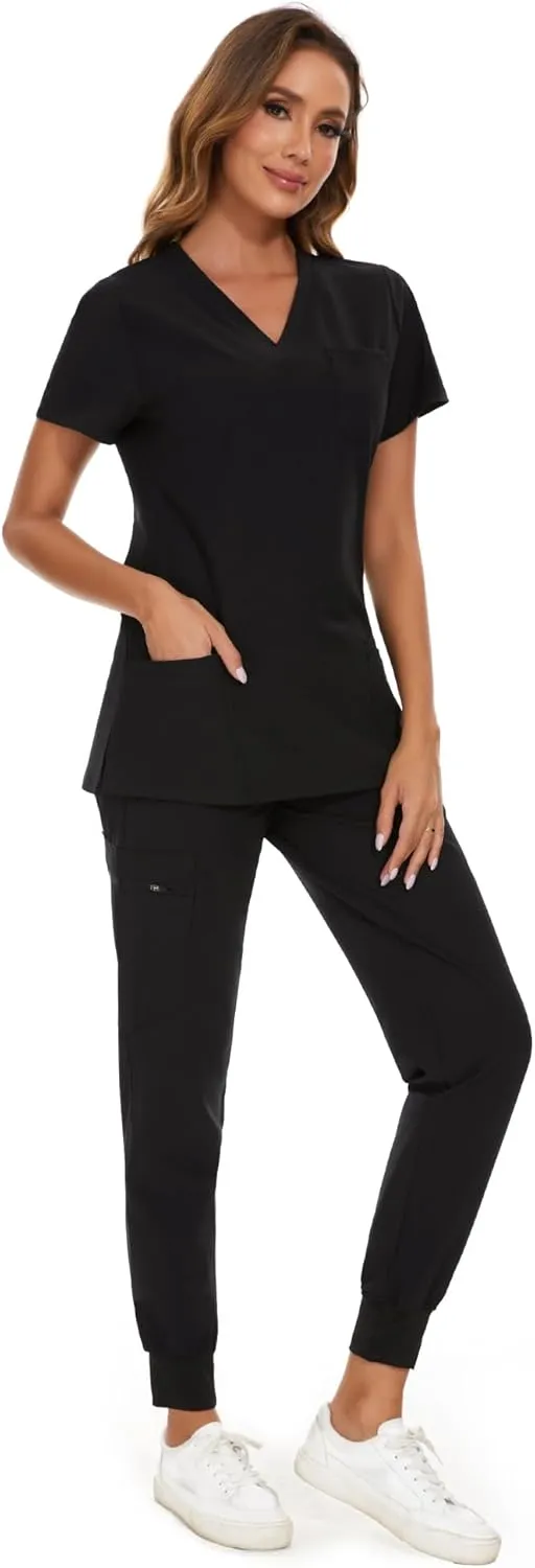 COZYFIT Scrubs for Women Set - Stretch V-Neck Scrub Top & Jogger Pant with 8 Pockets