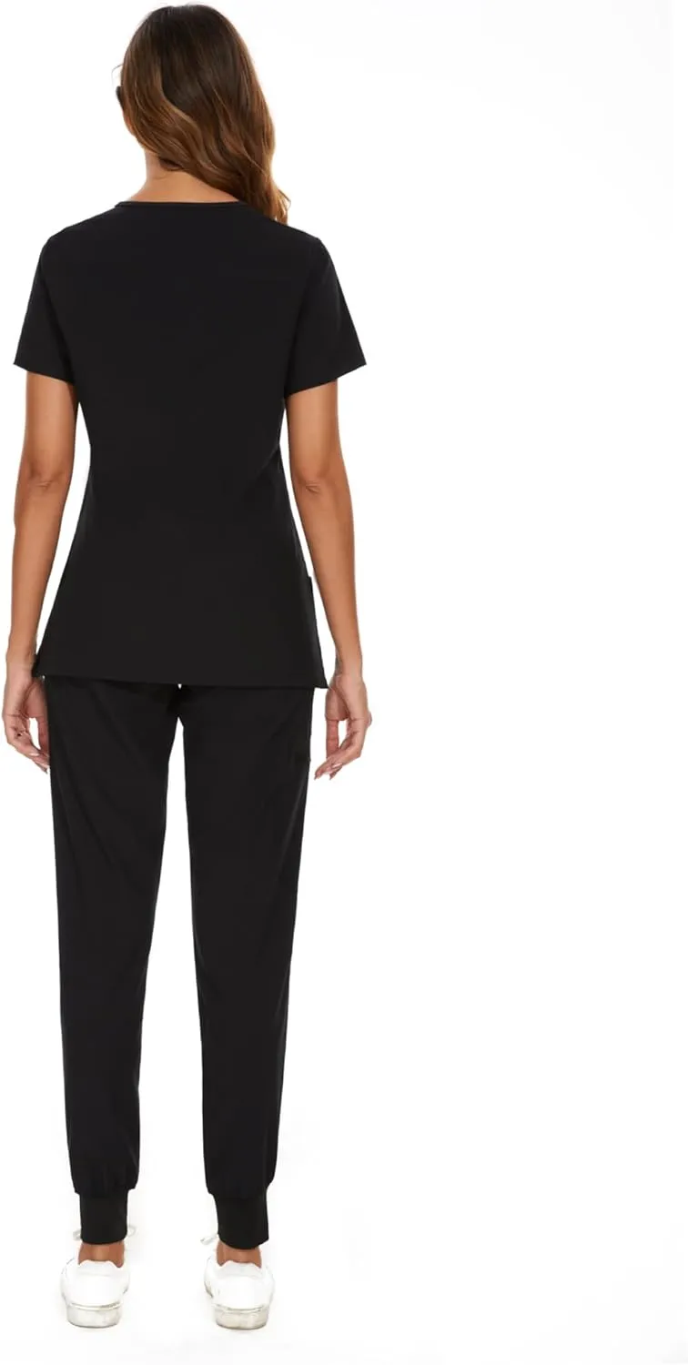 COZYFIT Scrubs for Women Set - Stretch V-Neck Scrub Top & Jogger Pant with 8 Pockets