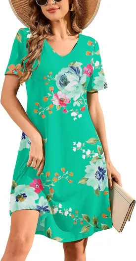 DEARCASE Women's T Shirt Dress Short Sleeve V-Neck Spring Summer Casual Loose Flowy Swing Midi Tunic Dresses