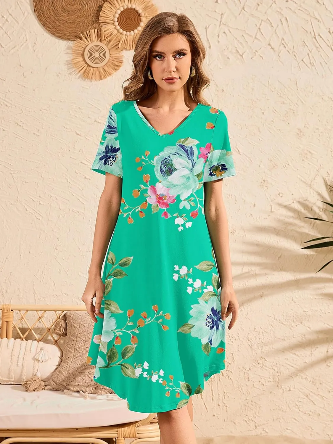 DEARCASE Women's T Shirt Dress Short Sleeve V-Neck Spring Summer Casual Loose Flowy Swing Midi Tunic Dresses