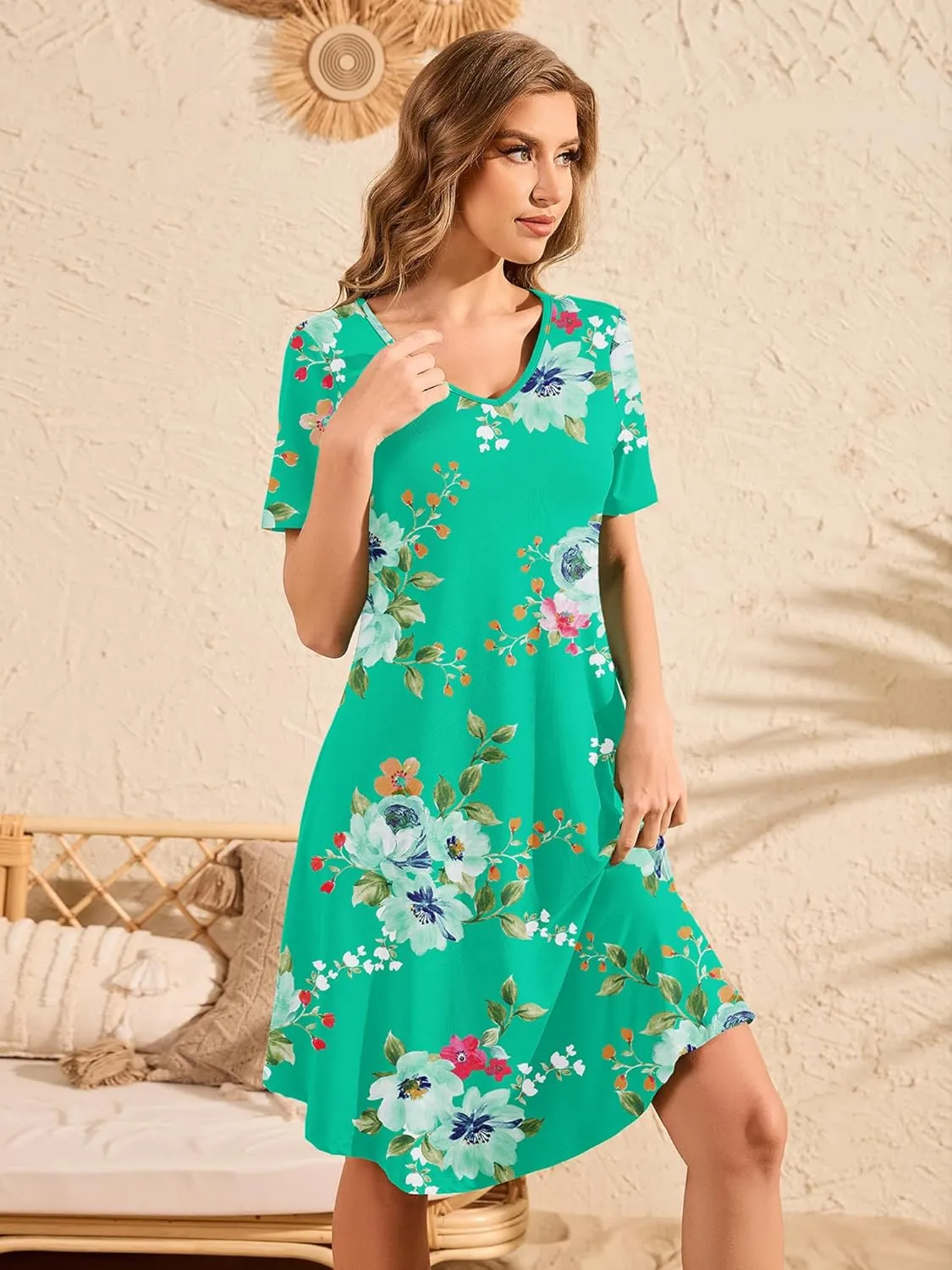DEARCASE Women's T Shirt Dress Short Sleeve V-Neck Spring Summer Casual Loose Flowy Swing Midi Tunic Dresses