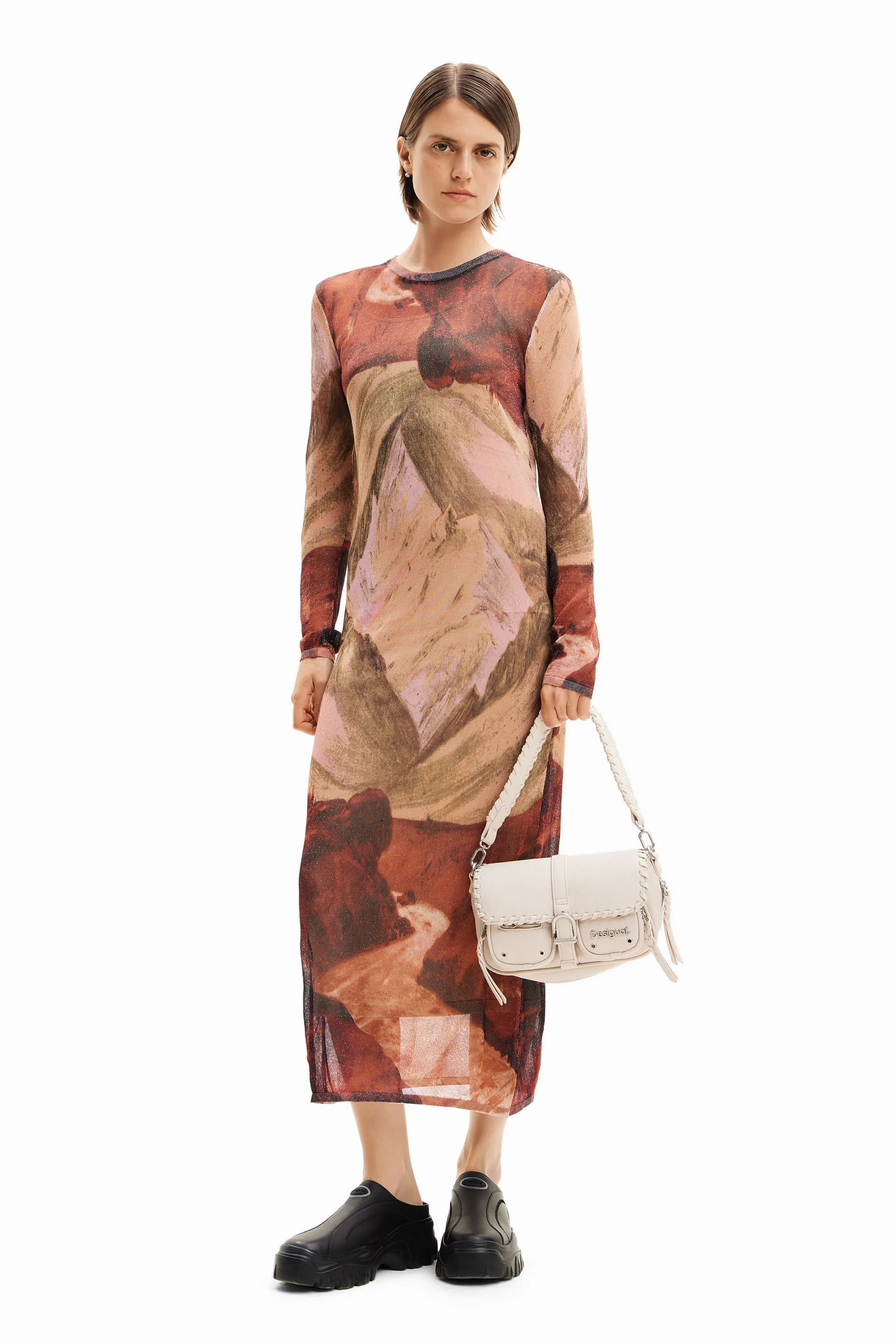Desigual Noelia Brown Landscape Print Fine Knit Midi Dress 24SWVF01