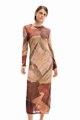 Desigual Noelia Brown Landscape Print Fine Knit Midi Dress 24SWVF01
