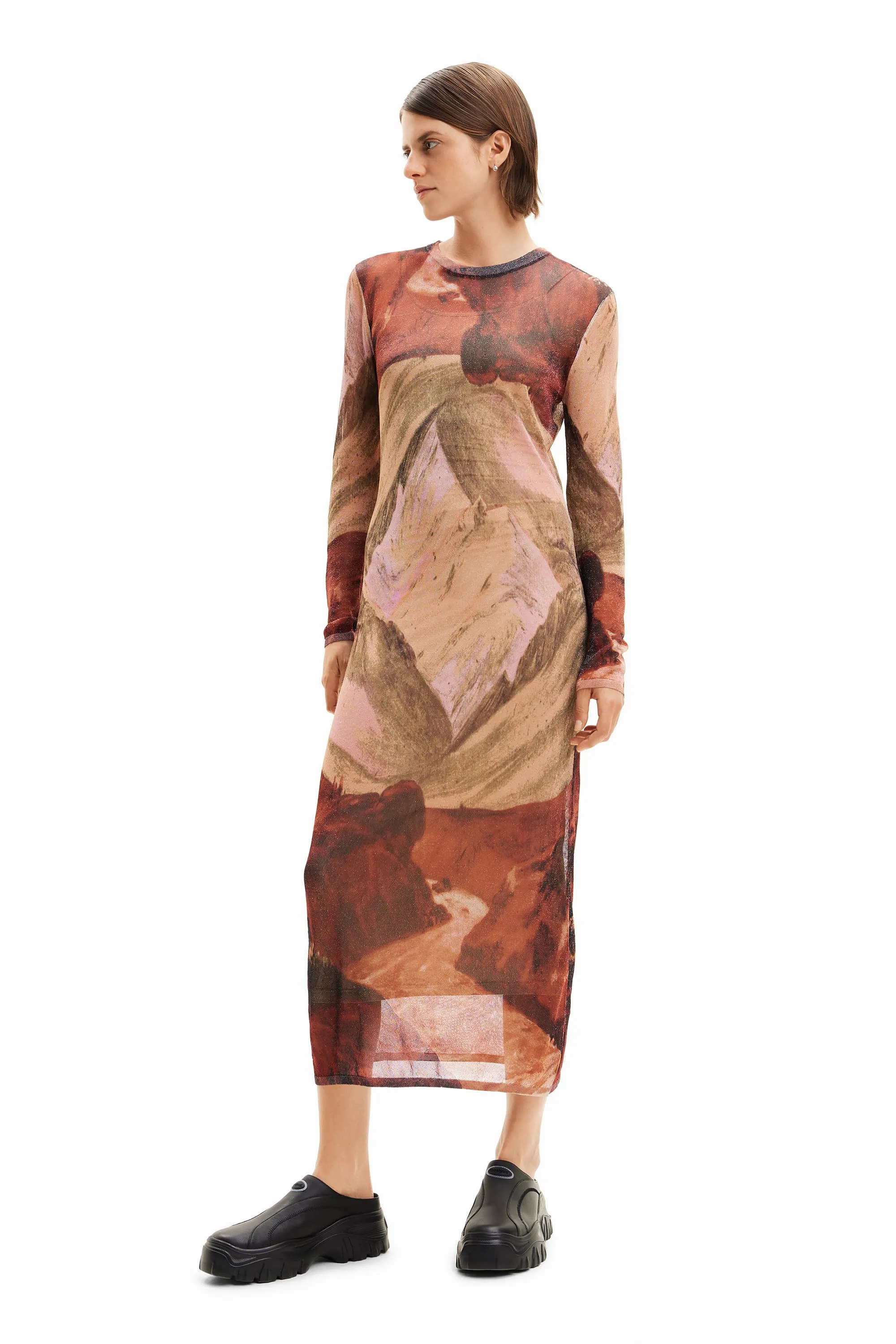 Desigual Noelia Brown Landscape Print Fine Knit Midi Dress 24SWVF01