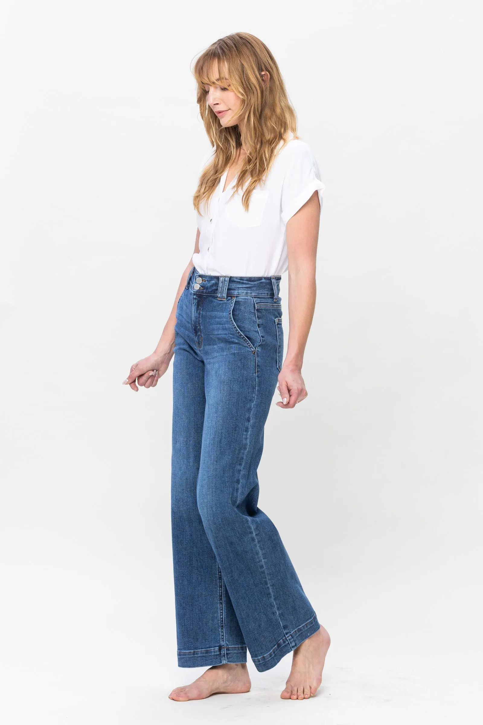 Double Button High Rise Wide Leg Jeans