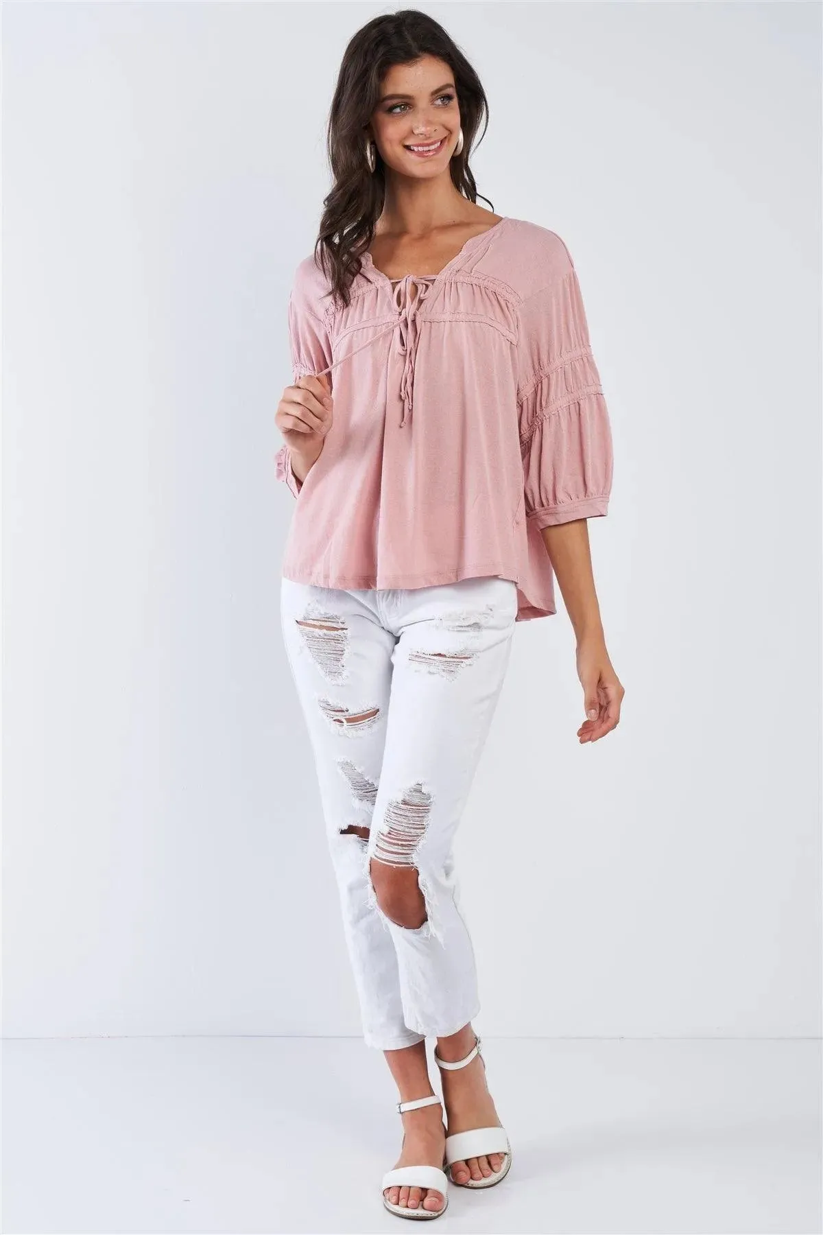 Dusty Pink Boho Chic Mid Arm Sleeve V-Neck Front Tie Loose Fit Top /3-2-1