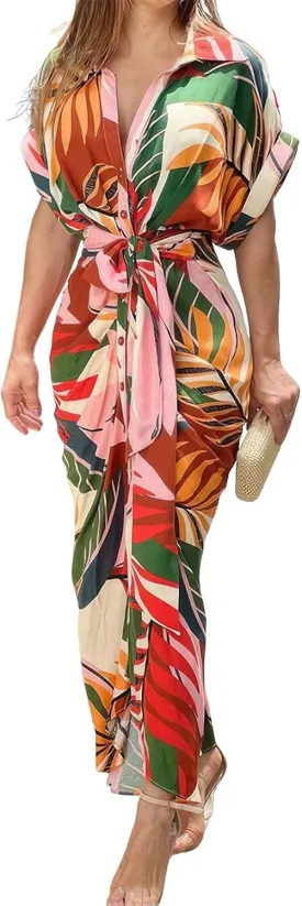 ebossy Women's Elegant Ruched Bodycon Maxi Dress Short Sleeve Tie Waist Button Down Summer Shirt Dress