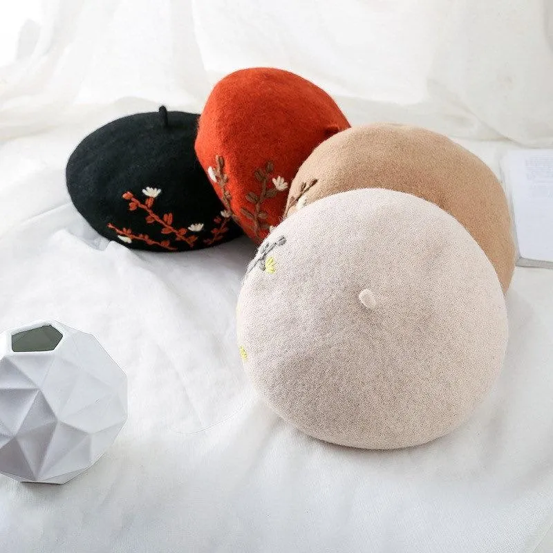 Embroidered Wool Berets Hat for Women/Girls