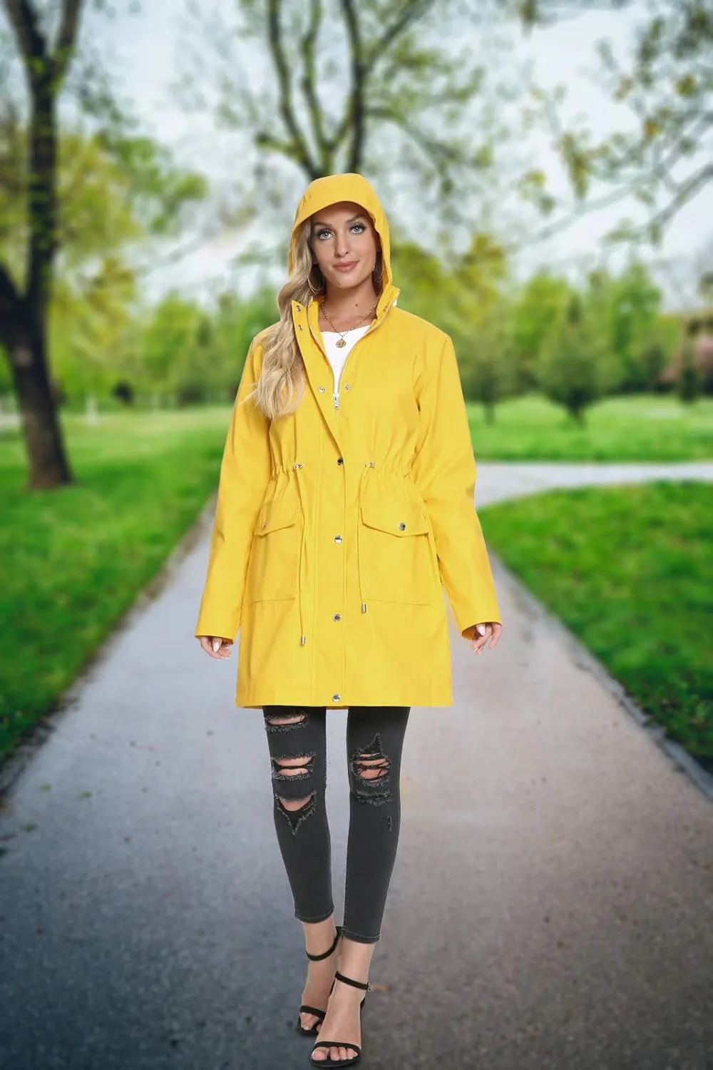 Fahsyee Raincoat Women, Rain Jacket Waterproof Coat Hooded Windbreaker Outdoor Long Active