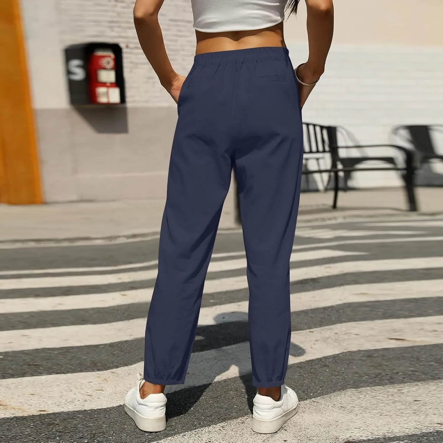 fanmpghleoo Tapered Linen Pants Women Summer Drawstring Back Elastic Waist Pants Soft Crop Straight Leg Trousers with Pockets