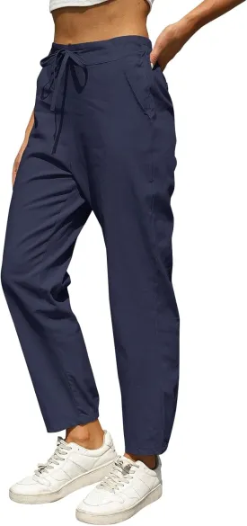 fanmpghleoo Tapered Linen Pants Women Summer Drawstring Back Elastic Waist Pants Soft Crop Straight Leg Trousers with Pockets