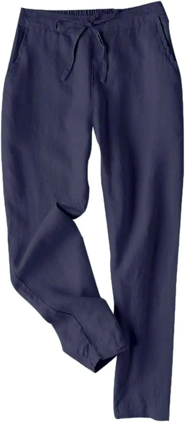 fanmpghleoo Tapered Linen Pants Women Summer Drawstring Back Elastic Waist Pants Soft Crop Straight Leg Trousers with Pockets