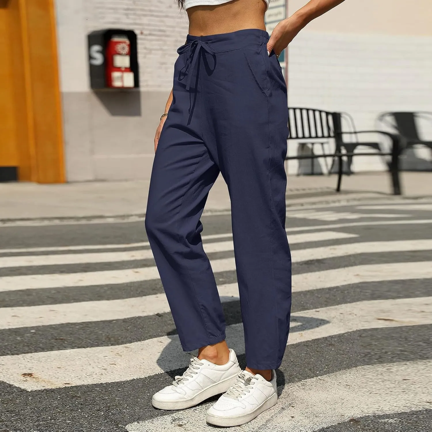 fanmpghleoo Tapered Linen Pants Women Summer Drawstring Back Elastic Waist Pants Soft Crop Straight Leg Trousers with Pockets