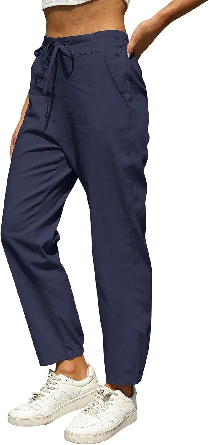 fanmpghleoo Tapered Linen Pants Women Summer Drawstring Back Elastic Waist Pants Soft Crop Straight Leg Trousers with Pockets