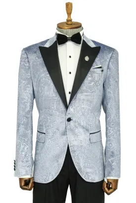 Floral Patterned Velvet Blue Men Wedding Grooms Blazer - Wessi