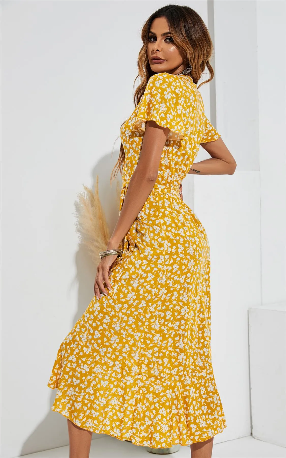Floral Print Wrap Hem Midi Dress In Yellow