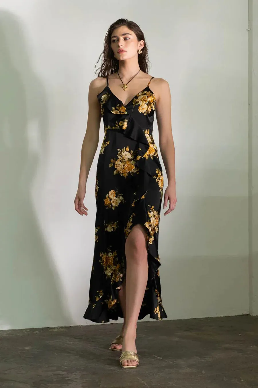 Floral Sleeveless Ruffle Wrap Maxi Dress