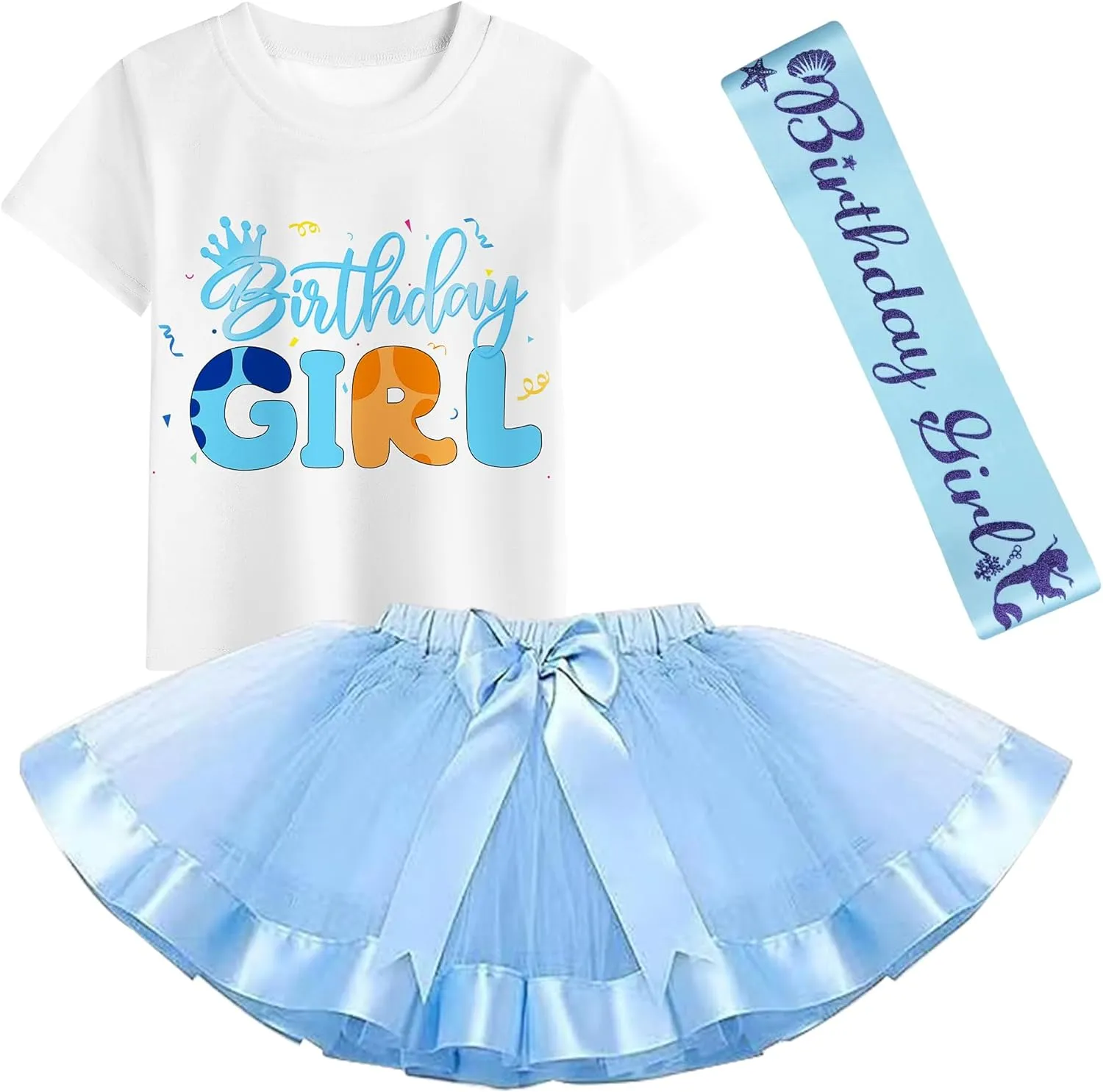 Girls Birthday Outfit Set Halloween Costume Tutu Skirt Dress, Birthday T-Shirt, HeadbandSatin Sash And Hairpin