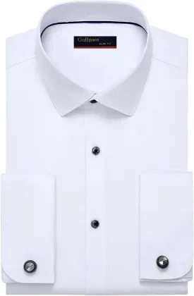 Gollnwe Men's Dress Shirt French Cuff Shirt for Men Slim Fit Stretch Spread Collar with Metal Cufflink