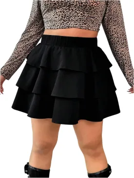 GORGLITTER Women's Plus Size Ruffle Skirt Layered High Waist A Line Flowy Mini Skirts