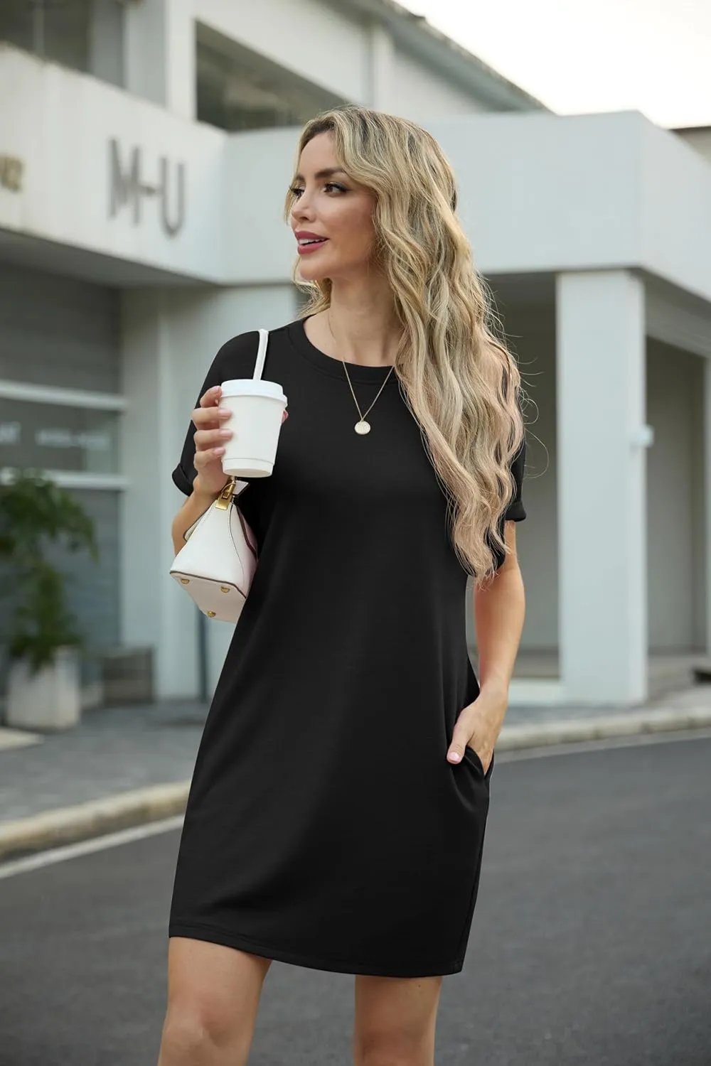 GRECERELLE Women's Summer Short Sleeve Tee Shirt Dress Crew Neck Casual Mini Sundress with Pockets