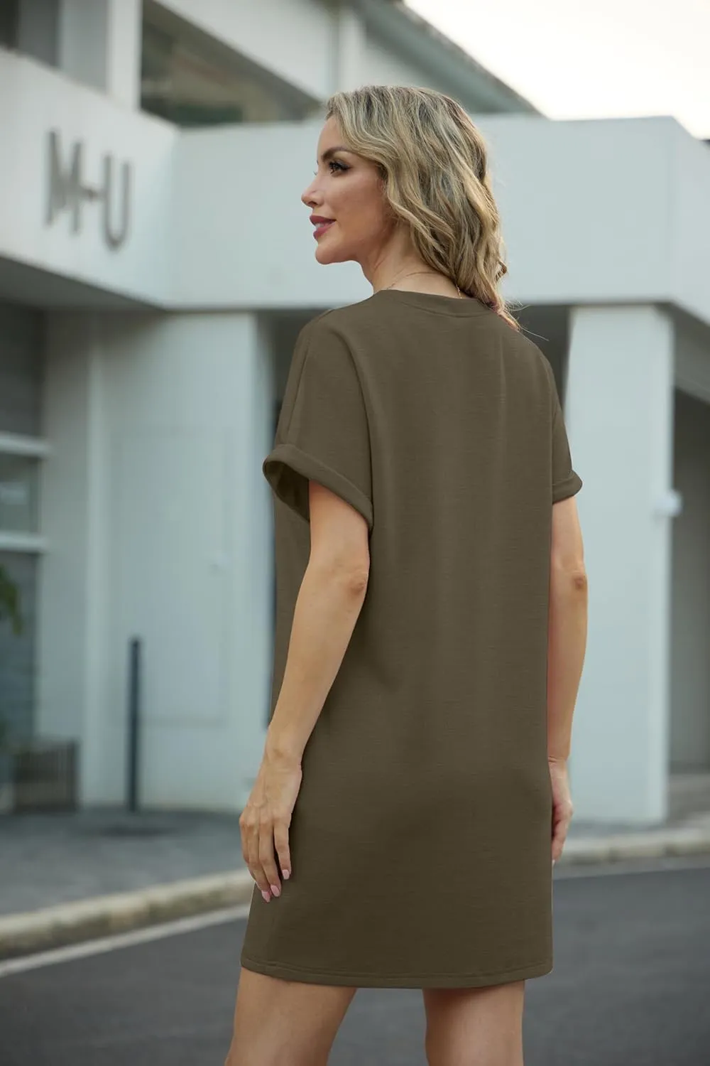GRECERELLE Women's Summer Short Sleeve Tee Shirt Dress Crew Neck Casual Mini Sundress with Pockets