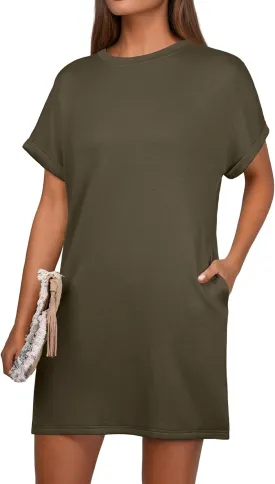 GRECERELLE Women's Summer Short Sleeve Tee Shirt Dress Crew Neck Casual Mini Sundress with Pockets